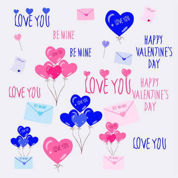 Fototapeta Set for Valentine's Day.Heart,letter balloons and inscriptions of love for Valentine's Day.