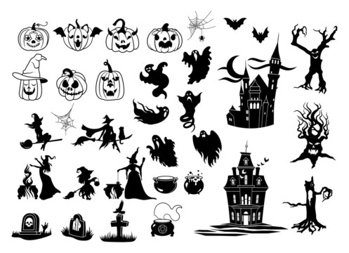 Set of silhouette for Halloween. Collection of mythical monsters and witches, pumpkin. Creepy figure of magical creatures. Vector illustration on white background. Tattoo.