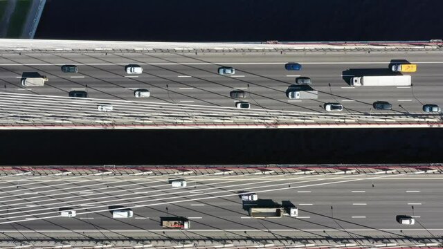 Aerial top view of cable-stayed bridge with cars in St.Petersburg, 4k