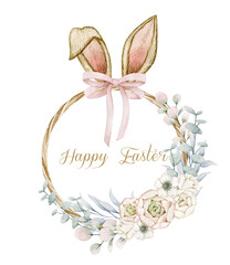 Watercolor illustration happy easter card with vine wreath, flowers, bunny ears. Isolated on white background. Hand drawn clipart. Perfect for card, postcard, tags, invitation, printing, wrapping.