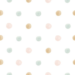 Watercolor seamless cute pattern polka dots. Isolated on white background. Hand drawn clipart. Perfect for card, fabric, tags, invitation, printing, wrapping. - obrazy, fototapety, plakaty