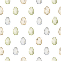 Watercolor seamless cute pattern with color eggs. Isolated on white background. Hand drawn clipart. Perfect for card, textile, tags, invitation, printing, wrapping.
