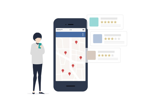スマホで地図検索・マップ検索をする若い日本人男性のイラスト素材｜mayucolor02