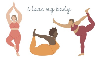 Plus size beautiful women characters in do yoga. Body positivity illustration