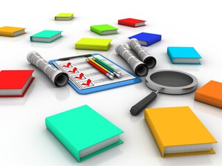 3d rendering Stack of books with magnifier