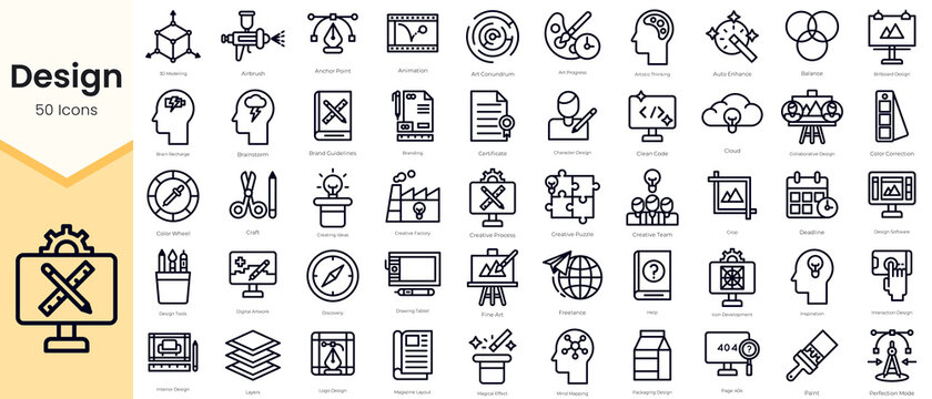 Simple Outline Set of Design Icons. Thin Line Collection contains such Icons as airbrush, anchor point, animation, art conundrum, art progress, artistic thinking and more