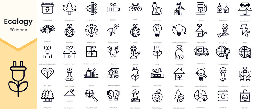 Simple Outline Set of Ecology Icons. Thin Line Collection contains such Icons as accumulator, afforestation, air purification, batteries, bicycle, biodegradable and more