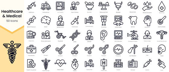 Obraz premium Simple Outline Set of Healthcare & Medical Icons. Thin Line Collection contains such Icons as addiction, ambulance, ayurvedic, baby, balanced diet, bladder, blood cells and more