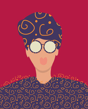 Portrait of a young woman with glasses, headdress and coat. Flat illustration for avatar and other use