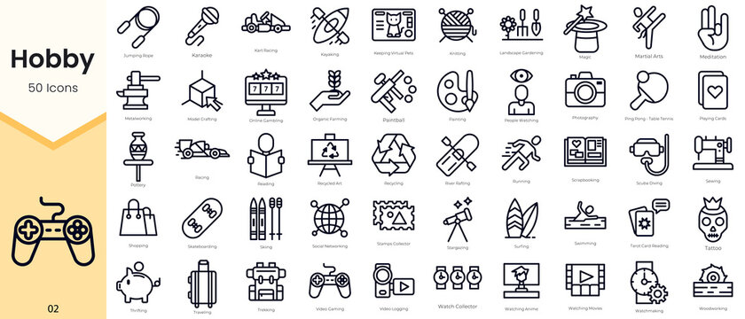 Simple Outline Set of Hobby Icons. Thin Line Collection contains such Icons as kart racing, kayaking, keeping virtual pets, knitting and more