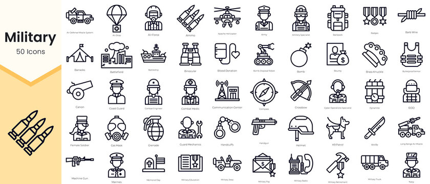 Simple Outline Set of Military Icons. Thin Line Collection contains such Icons as air drop, air force, army, artillery specialist, backpack, bomb, bounty and more