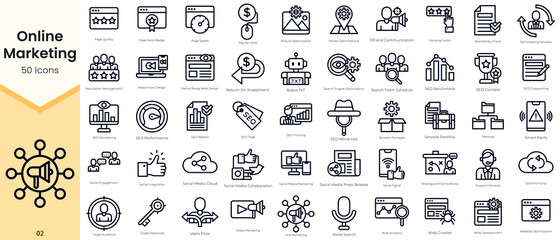 Simple Outline Set of Online Marketing Icons. Thin Line Collection contains such Icons as synchronizing, target audience, analytics, web crawler, sitemap and more - obrazy, fototapety, plakaty