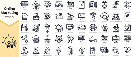 Simple Outline Set of Online Marketing Icons. Thin Line Collection contains such Icons as affiliate marketing, analytics, blogging, branding service, bug fixing, business, content marketing and more - obrazy, fototapety, plakaty