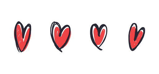 Hand drawn hearts. Heart icon doodle illustrations. Valentine's day sketched symbols.
