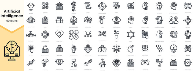 Simple Outline Set of Artificial Intelligence Icons. Thin Line Collection contains such Icons as 3d model, ai knowledge, ai research, algorithm and more - obrazy, fototapety, plakaty