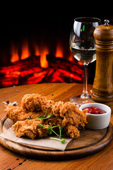 Fried crispy chicken nuggets with ketchup on board
