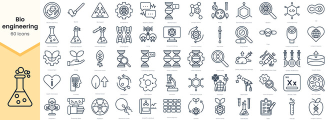 Simple Outline Set of Bioengineering Icons. Thin Line Collection contains such Icons as drugs, microscope, biology, cell, chromosome, radiation and more - obrazy, fototapety, plakaty