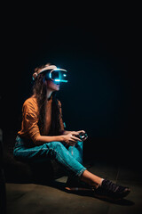 Metaverse Technology concept. girl use VR virtual reality . Visualization, NFT