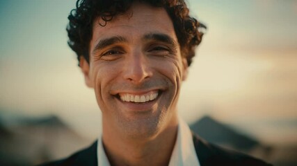 Close Up Portrait of a Happy Young Adult Male with Curly Hair and Brown Eyes Posing for Camera. Handsome Multiethnic Caucasian Male in a Suit Charmingly Smiling. Warm Color Edit.