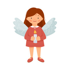 A cute girl dressed as an angel is holding a candle. Easter or christmas angel. Vector flat illustration.