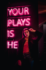 Sexy young beauty woman posing in gameclub. your place is here