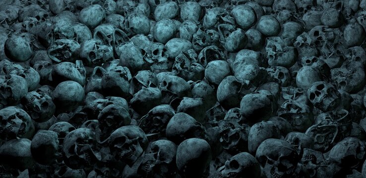 Apocalyptic scenery with human skulls. 3D rendering