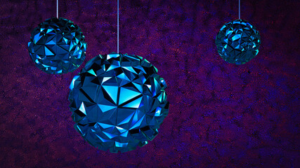 3D render of composition with bright low poly shiny balls for christmas and new year