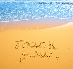Concept or conceptual hand drawn thank you text carved in a golden sandy beach