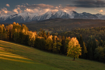 Colorful autumn near the Tatras. Peaks and hills bathed in the light of the setting sun.
