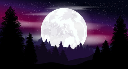 Naklejka na ściany i meble Vector gloomy illustration. Night landscape, moon. Starry sky in the clouds. Night forest.