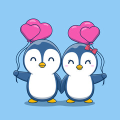 Fototapeta premium Cute Valentine's day penguin couple holding heart shaped balloons