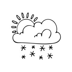 The weather is cloudy with sun and snow. Vector doodle cloud. Hand drawn meteorological forecast symbols. Cold season. Thin line web design icon.