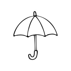 Open umbrella cane doodle. Rainy weather protection. Vector hand drawn meteorological forecast symbols. Rain season. Thin line web design icon.