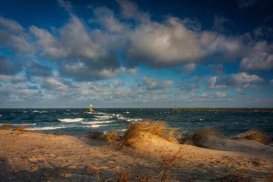 Windy day at wintery beach by the Baltic Sea in Gdansk. Poland