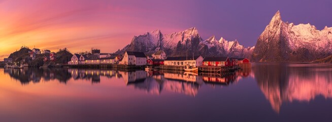 Fishing village near snowy mountains at sundown