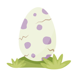Dinosaur egg on the grass. Little dinosaur birthday. Purple spots.