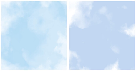 Set of 2 Abstract Painting Style Vector Layouts. Light Blue Paint Stains and Scribbles on a White Background. Pastel Color Irregular Bush Smudges Print. Abstract Sky.