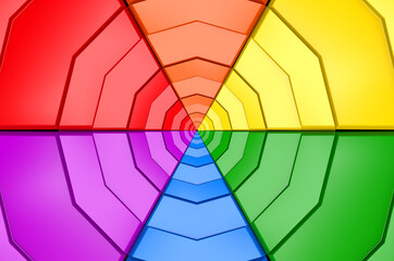 3d rendering. LGBT rainbow grid pieces composed to hexagonal wall background.