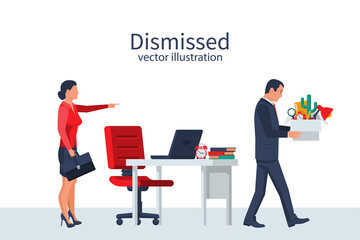 Firing employee. Sad man with a box in hands leaves work. Businesswoman boss points out dismissed businessman. Employee job reduction, unemployment, crisis in job. Vector illustration flat design.