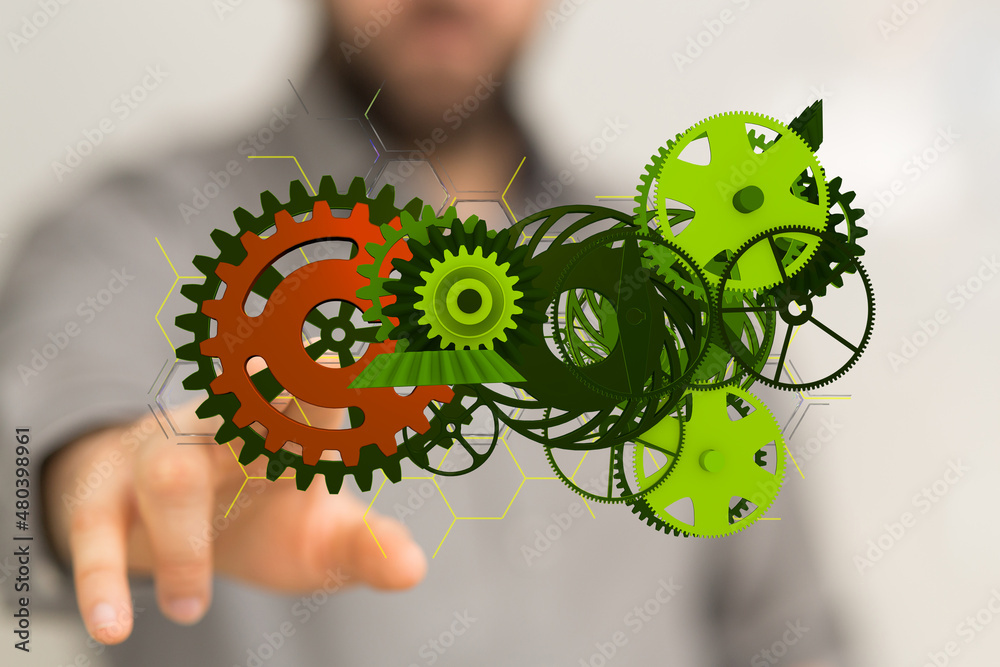 Poster mechanism green gears and cogs at work on black background. industrial machinery. 3d illustration. 3