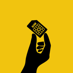 Black icon sim card in hand. Human holding sim card. Vector illustration flat design. Isolated on background. Mobile element. - obrazy, fototapety, plakaty