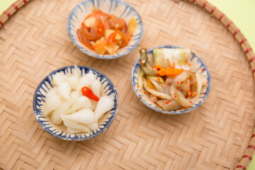 Vietnamese food for Tet holiday in spring, it is traditional food on lunar new year:  pickled small leeks, carrot