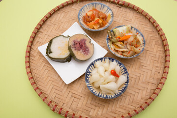 Vietnamese food for Tet holiday in spring, it is traditional food on lunar new year:  pickled small leeks, carrot