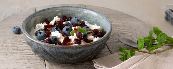 a bowl of cottage cheese with blueberries and dried cranberries on a light table