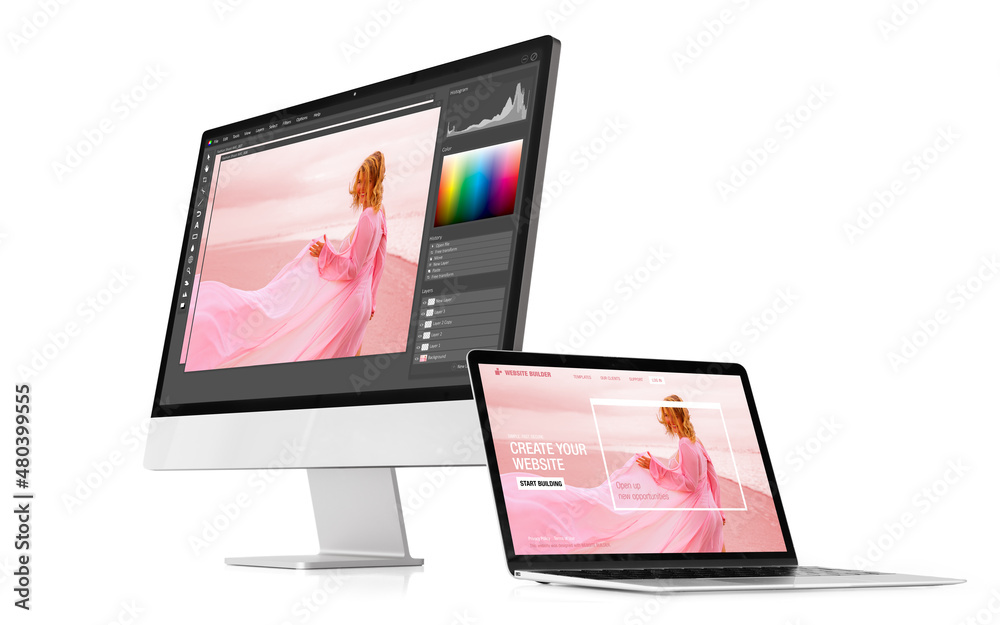 Wall mural modern desktop and laptop computers with sample software interfaces on the screen, isolated on white