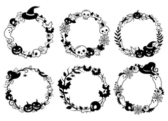 Set of Halloween frames. Collection of frames with a skull, ghosts and a bat. Awesome design. Vector illustration for decorating invitations.