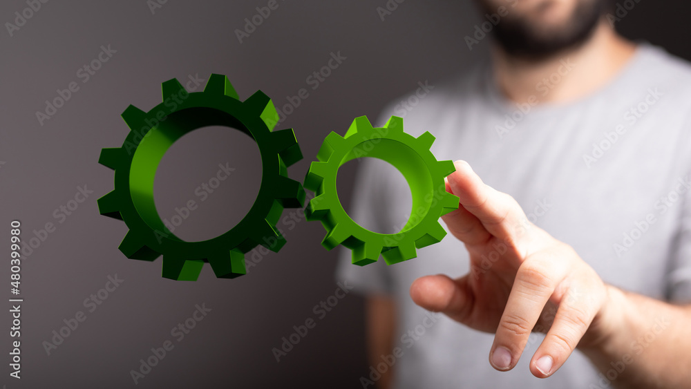 Poster set of green gears and cogs on black background
