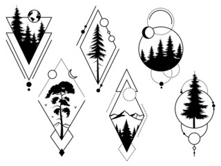 Set of silhouette tree. Collection of geometric silhouette of pine and fir tree. Wild nature. Camping logo. Woodland. Set of forest frame. Vector illustration of mystic woods on a white background.