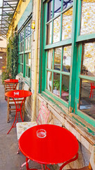 building coffee shop outside, in Ioannina city greece, colors