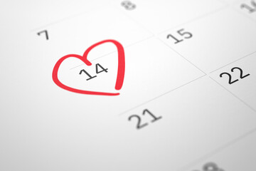 White paper planner calendar with red heart shape mark on 14 February - obrazy, fototapety, plakaty